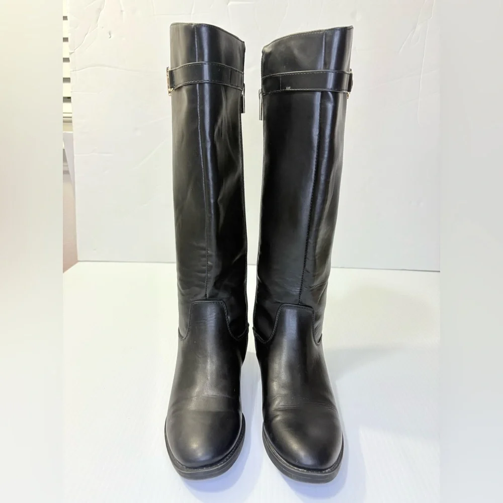 Tommy Hilfiger Inezy Black Knee High Equestrian Boots Side Zip Block Heel Sz6